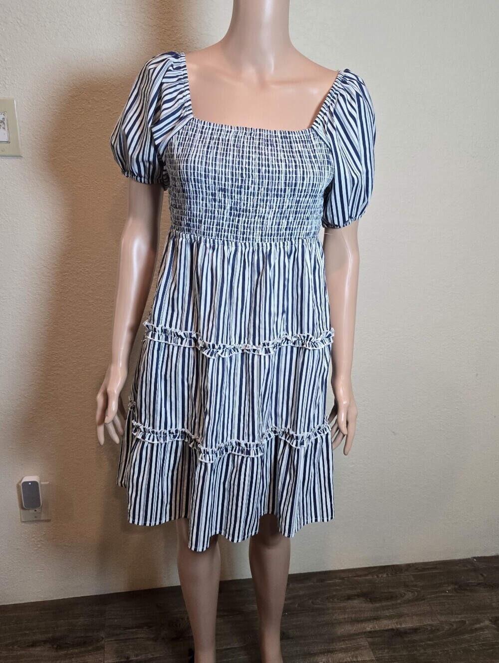 Just Found Blue and White Striped Smocked Puff-Sleeve Dress Size Large